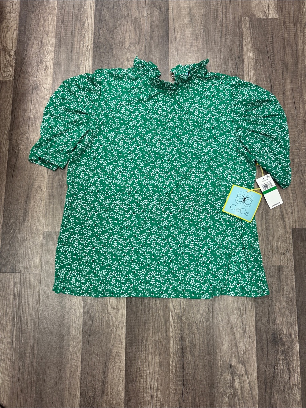 CeCe Green Floral Ruffle Neck Blouse